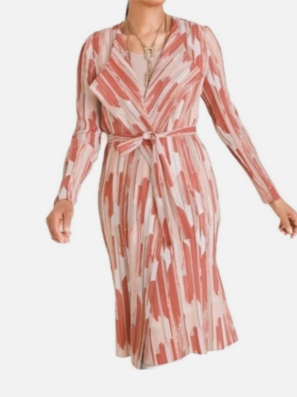 Chicos Travelers Textured Crinkle Pleated Printed Trench Duster Jacket 12/14 NEW